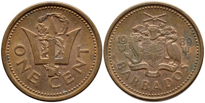 Барбадос 1 цент 1989 сломанный трезубец Британии KM 10 бронза 4396-1267