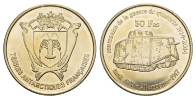 Французские Южные и Антарктические Территории (Амстердам) 50 франков 2014 танки Первой Мировой войны A7V - Германия 1917 медно-никель BU 1520-325