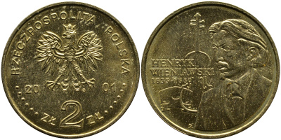 Польша 2 злотых 2001 MW, Генрик Венявский (1835-1880) KM 426 нордик UNC 1526-744