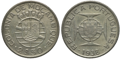 Португальский Мозамбик 2 1/2 эскудо 1938 KM 68 серебро 5010-432