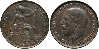 Великобритания 1 пенни 1912 H, Георг V (1910-1936) KM 810, Spink 4052 бронза 87-1343