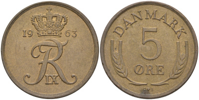 Дания 5 эре 1963 C; S, Фредерик IX (1947-1972) KM 848.1 бронза 106-111