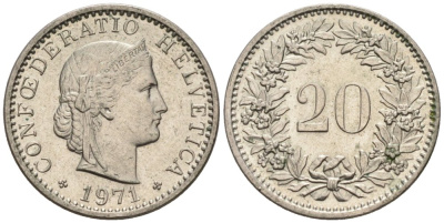 Швейцария 20 раппенов 1971 KM 29а медно-никель 4576-962
