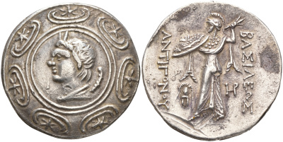 Древняя Греция, Македонское Царство Тетрадрахма 277-239 гг. до н.э.Антигон II Гонат, голова бога Пана, окруженная македонскими щитами / Афина Алкидемос с молниями в руке, внизу македонский шлем, Амфиполь, 16,69 гр, VF/XF (царапина) (1073-7-25)