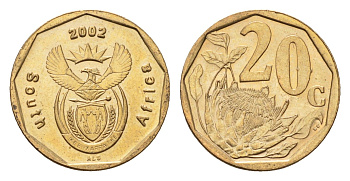 ЮАР 20 центов 2002 герб, цветок протея KM 270 сталь плакированная бронзой UNC 4687-544