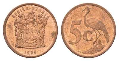 ЮАР 5 центов 1999 герб, райский журавль KM 160 сталь плакированная медью UNC 4687-227