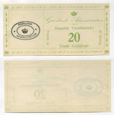 Гренландия 20 скиллингов 1942 торговый сертификат Pick M10 бумага UNC (пресс) 451-214-1