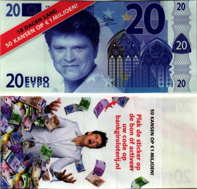 НИДЕРЛАНДЫ ЛОТЕРЕЙНЫЙ БИЛЕТ 20 ЕВРО ЭТОТ БИЛЕТ ДАЁТ ВОЗВОЖНОСТЬ В ТЕЧЕНИИ 10 ДНЕЙ 50 РАЗ ВЫИГРАТЬ 1 МИЛЛИОН ЕВРО, ДЛЯ АКТИВАЦИИ НАКЛЕИТЬ СТИКЕР НА БИЛЕТ ИЛИ АКТИВИРОВАТЬ НА САЙТЕ BANKGIROLOTERIJ.NL бумага 7547-47-3