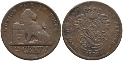 БЕЛЬГИЯ 2 САНТИМА 1870 BELGES KM 35.1 медь 4397-546