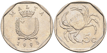 Мальта 5 центов 1995 краб KM 95 медно-никель 4588-136