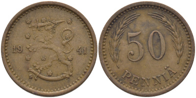 ФИНЛЯНДИЯ 50 ПЕННИ 1941 S KM 26а медь 100-216