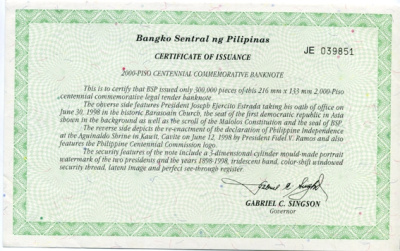Филиппины 2000 писо 1998 памятная банкнота, 100 лет первой Республике (1898-1998), подписи Estrada и Singson, сертификат Pick 189 бумага UNC (пресс) 451-6-1