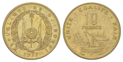 Джибути 10 франков 1977 KM 23 медь алюминий никель 4623-1235