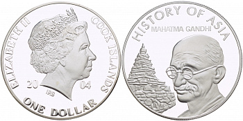 Острова Кука 1 доллар 2004 история Азии, Махатма Ганди KM 1156 медно-никель PROOF 01-233-54