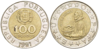 Португалия 100 эскудо 1991 Педру Нуниш (1502-1578), математик KM 645.1 биметалл 4521-316