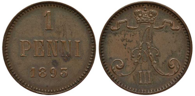 РОССИЯ ДЛЯ ФИНЛЯНДИИ 1 ПЕННИ 1893 АЛЕКСАНДР III Биткин 256 медь 3309-819