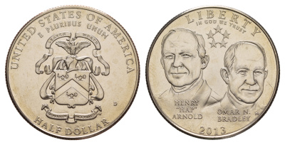 США 1/2 доллара 2013 D, Генри Арнолд и Омар Брэдли, в оригинальной коробке, с сертификатом KM 554 медно-никель BU 1-4-3-35