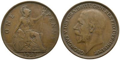 Великобритания 1 пенни 1927 Георг V (1910-1936) КМ 826, Spink 4054 бронза 37-525