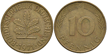 ФРГ 10 пфеннигов 1971 J KM 108, J. 383 сталь плакированная латунью 4681-1132