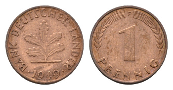 ФРГ 1 пфенниг 1949 F KM A101, J. 376 сталь плакированная медью 4685-342