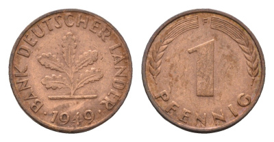 ФРГ 1 пфенниг 1949 F KM A101, J. 376 сталь плакированная медью 4685-342