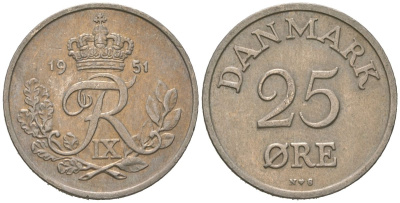 Дания 25 эре 1951 N; S, Фредерик IX (1947-1972) KM 842 медно-никель 4619-551