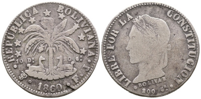 Боливия 4 соля 1860 F.J., тип одного года KM 139 серебро 00-807-31
