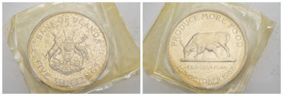 Уганда 5 шиллингов 1968 в запайке, ФАО, тираж 5.000 экземпляров KM 7 медно-никель PROOF 413-1735