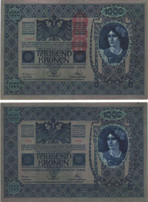 АВСТРИЯ 1000 КРОН 1919 КРАСНАЯ ВЕРТИКАЛЬНАЯ НАДПЕЧАТКА НА 1902 Pick 59 бумага XF 2192-89-1