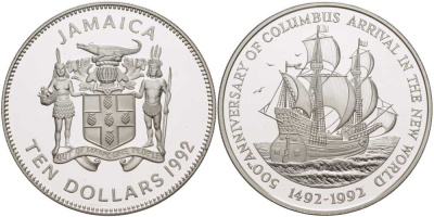 ЯМАЙКА 10 ДОЛЛАРОВ 1992 500-ЛЕТИЕ ПРИБЫТИЮ КОЛУМБА В НОВЫЙ СВЕТ (1492-1992), ПАРУСНИК, ТИРАЖ 5500 ЭКЗ., ПРОБА 925, ВЕС 22,45 ГР. KM 152 серебро PROOF 1080-8-42