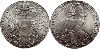 Австрия 1 талер 1780 SF, Мария Терезия, официальный рестрайк KM Т1 серебро UNC 633-623