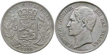 Бельгия 5 франков 1851 Леопольд I (1831-1865), точка над датой KM 17 серебро 00-1067-3-61