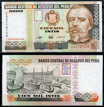 Перу 100000 инти 1989 Франсиско Болоньези, озеро Титикака, серия Z, замещенная Pick 145  бумага  UNC (пресс) 447-115-1