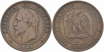 Франция 10 сантимов 1861 BB, Наполеон III (1852-1870) KM 798.2, Le Franc 134.3 бронза 4364-4312