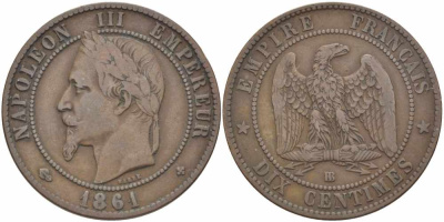 Франция 10 сантимов 1861 BB, Наполеон III (1852-1870) KM 798.2, Le Franc 134.3 бронза 4364-4312