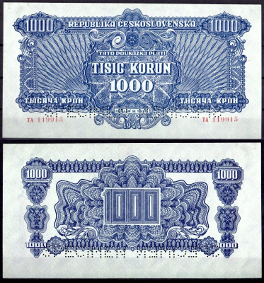 Чехословакия 1000 крон 1944 образец - SPECIMEN, перфорация Pick 50 a бумага aUNC 451-1078-2