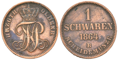 Ольденбург 1 шварен 1864 KM 190 медь 4615-267