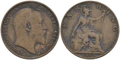 Великобритания 1 фартинг 1909 Эдуард VII (1901-1910), KM 792, Spink 3992 бронза 4596-942