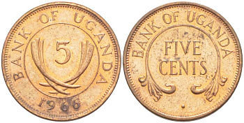 УГАНДА 5 ЦЕНТОВ 1966 KM 1 бронза 4513-731