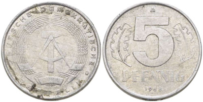 ГДР 5 ПФЕННИГОВ 1968 А KM 9.1 алюминий 179-313