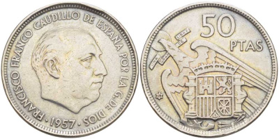 ИСПАНИЯ 50 ПЕСЕТ 1957 (58) ФРАНСИСКО ФРАНКО ДИКТАТОР ИСПАНИИ (1939-1975) KM 788 медно-никель 38-211