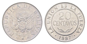 Боливия 20 сентаво 1997 KM 203 нержавеющая сталь 4663-334