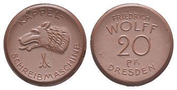 Дрезден 20 пфеннигов ND (1920) Фридрих Вольф Men05 5620.3, Men18 7015.5, Scheuch 284a фарфор 1094-10-25