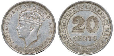 Британская Малайя 20 центов 1939 Георг VI (1937-1952) KM 5 серебро 53-314