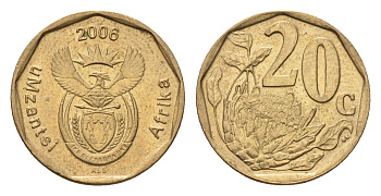 ЮАР 20 центов 2006 герб, цветок протея KM 488 сталь плакированная бронзой aUNC 4687-611