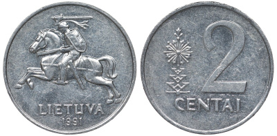 Литва 2 цента 1991 погоня, новая республика (1991-) KM 86 алюминий 4122-323