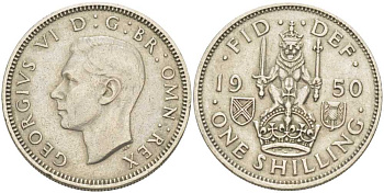 Великобритания 1 шиллинг 1950 Георг VI (1936-1952), Шотландский герб KM 877, Spink 4109 медно-никель 212-932
