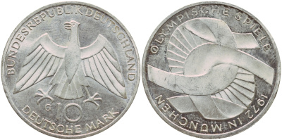 ФРГ 10 марок 1972 G, XX летние Олимпийские игры 1972 года в Мюнхене, символика KM 131, J.402 серебро aUNC 1522-411