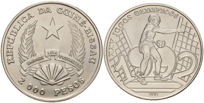 Гвинея-Бисау 2000 песо 1991 XXV Летние Олимпийские игры в Барселоне 1992 года, гандбол KM 28 сталь плакированная никелем UNC 3897-1122