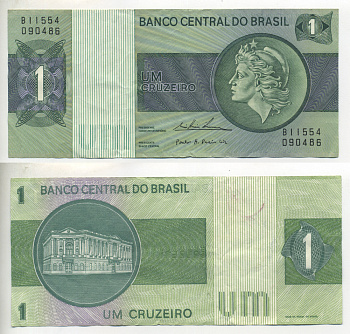 БРАЗИЛИЯ 1 КРУЗЕЙРО 1975 СЕРИЯ В 11554, ПОДПИСЬ 18, ГОЛОВА СВОБОДЫ Pick 191Аb бумага 6266-38-1-1